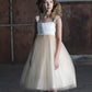 Dress - Serenity Satin Top Girls Dress With Short Pearl Capped Sleeves And Glitter Skirt