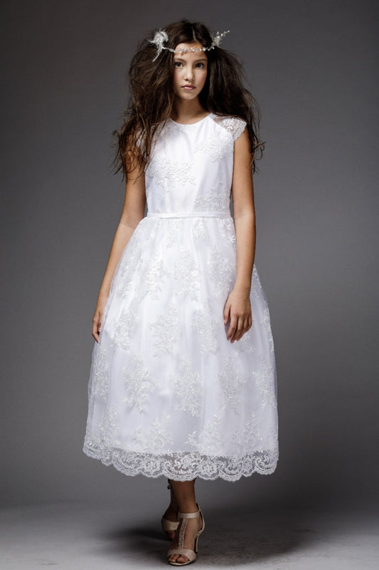 Dress - Cristina Satin & Tulle Girls Dress With Lace And Short Capped Sleeves With Plus Size
