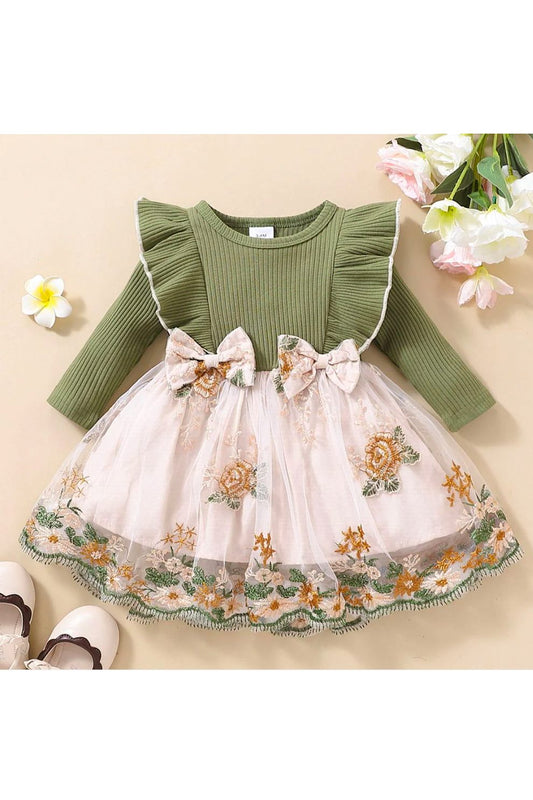 Girls Floral Bow Detail Ruffle Shoulder Tulle Dress